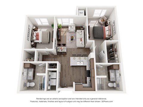 Floor plan for 2 beds, 2 baths, 993 sqft